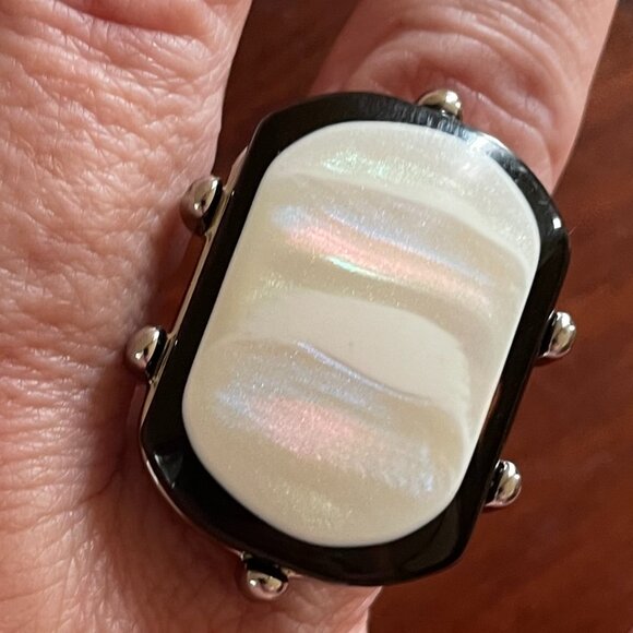 Statement Ring – Silver Tone with Large White and Black Centerpiece - Picture 1 of 5